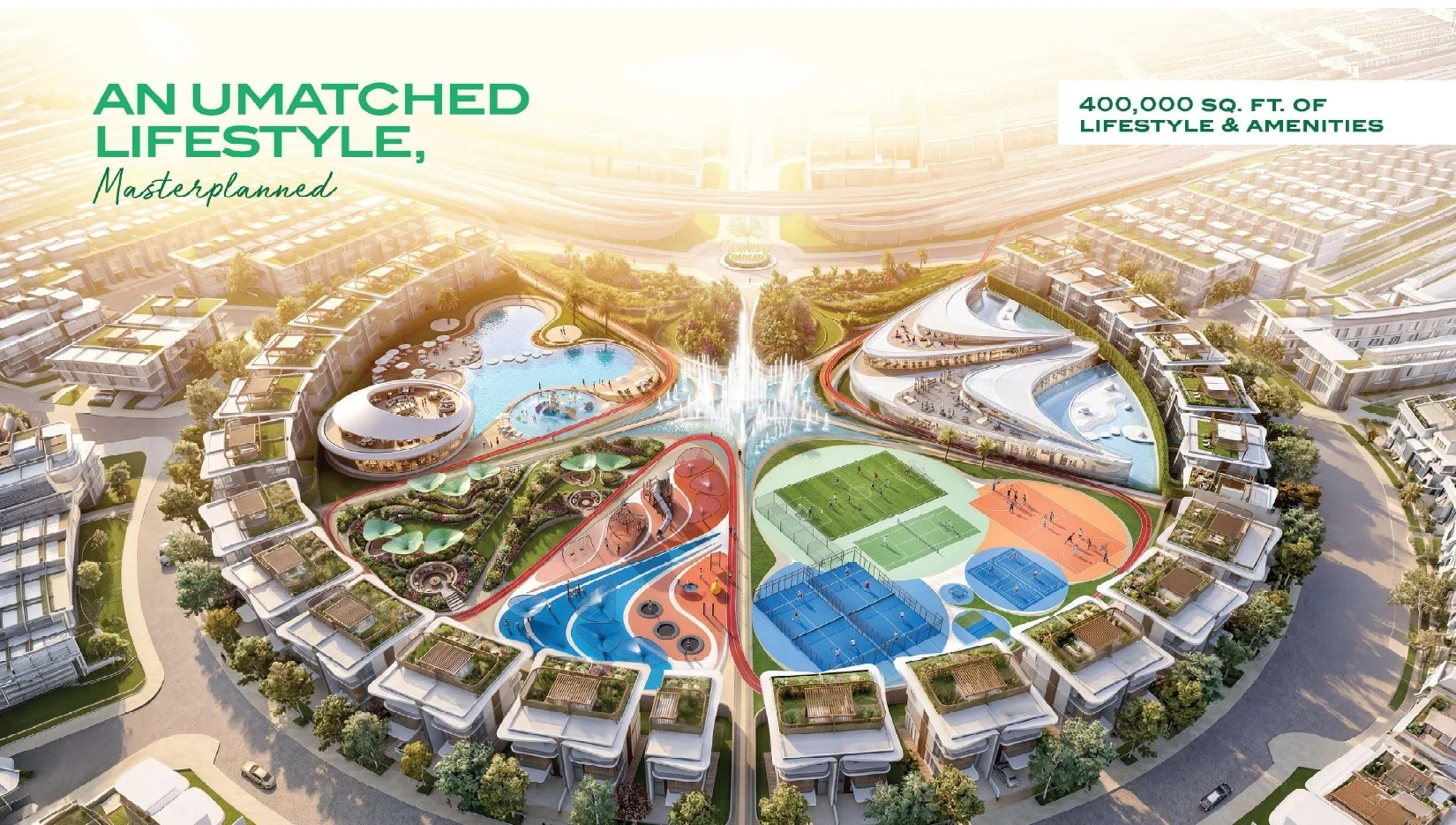 Greenz by Danube green community Dubai — aerial view of villa community with lush green spaces and amenities