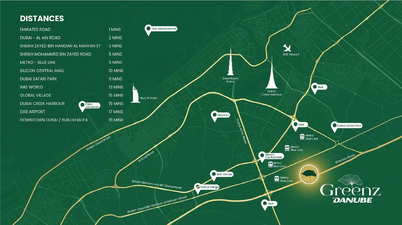 Map showing Greenz by Danube location in Dubai near Silicon Oasis